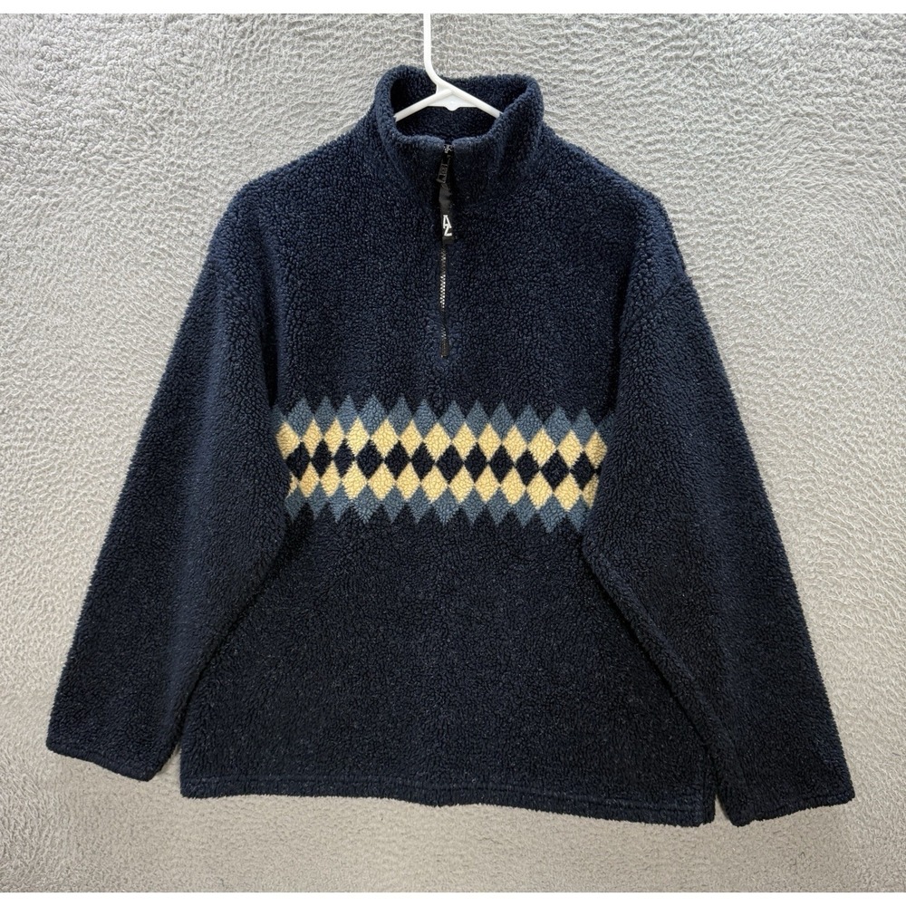 Vintage Arizona Sweater Adult Medium Blue Argyle Sherpa Fleece 1/4 Zip 90s Y2K